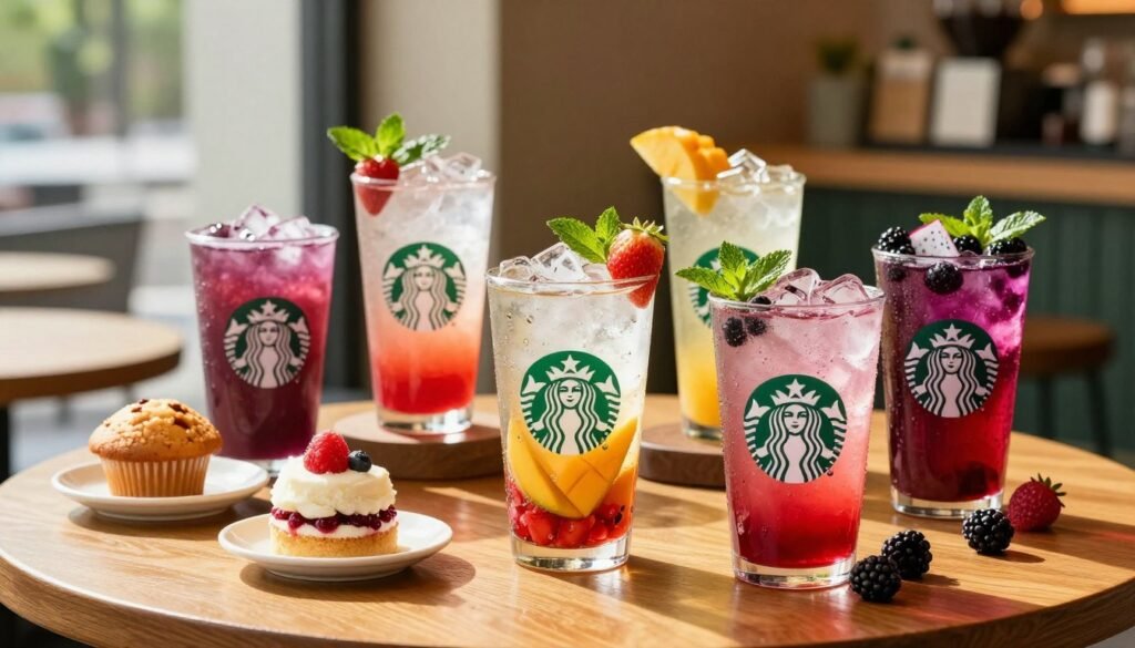 A vibrant display of Starbucks Refreshers beverages, featuring a colorful array of flavors such as Strawberry Açaí with berries, Mango Dragonfruit with slices of tropical fruit, and Very Berry Hibiscus with fresh blackberries. In the foreground, showcase tall, elegant glasses filled with ice, garnished with slices of fruit and mint leaves, with condensation glistening on the glass. The middle layer includes a wooden table adorned with small, inviting snacks like muffins or cake pops, softly lit by natural daylight streaming in from a nearby window, creating a warm atmosphere. In the background, a stylish Starbucks café interior with soft-focus details, highlighting the cozy ambiance and lush greenery. The entire scene should evoke a refreshing, invigorating mood, perfect for summer enjoyment.