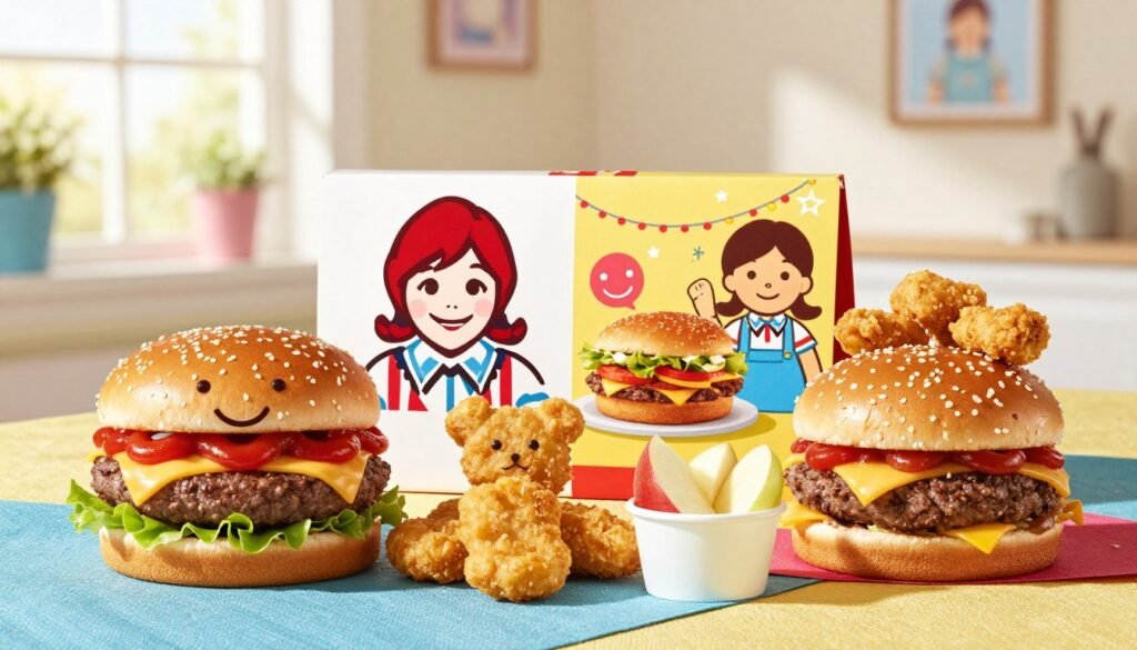 A vibrant display of Wendy's Kids Menu items arranged side by side on a colorful tablecloth, showcasing a variety of appealing meal choices for children. In the foreground, a cheerful cheeseburger with a smiling face made from ketchup, crispy chicken nuggets shaped like fun animals, and a small cup of apple slices. In the middle, a visually striking comparison featuring the iconic red and yellow Wendy's logo alongside playful, friendly images of competitors' kids meals in a festive setting. The background features a sunny, inviting atmosphere with bright, natural lighting pouring in, creating a warm and wholesome feel. Use a wide-angle lens to capture the delightful scene, emphasizing the fun and nutritious aspect of Wendy's offerings against a light-hearted, family-friendly backdrop filled with subtle graphic elements.