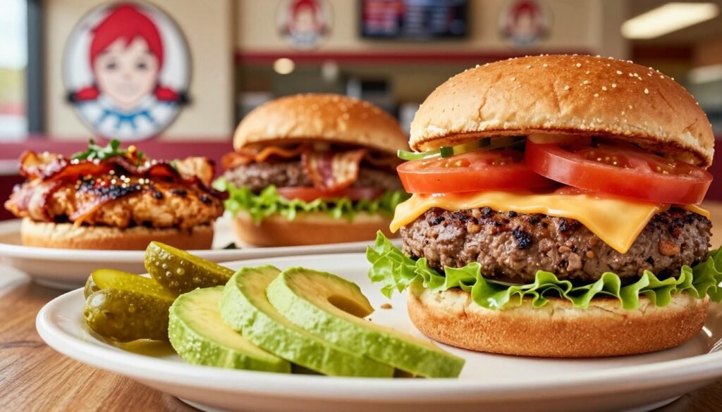 A vibrant, enticing display of keto-friendly burger options at Wendy's, featuring a classic juicy burger wrapped in crisp lettuce instead of a bun, topped with fresh, ripe tomatoes and a slice of melted cheese. In the foreground, a beautifully arranged plate showcases a colorful mix of healthy sides like avocado slices and a small serving of pickles. The middle ground highlights additional menu items, such as grilled chicken patties and bacon-wrapped burgers, artfully garnished with herbs and spices. The background features a softly blurred Wendy's restaurant, giving context to the setting while maintaining focus on the delicious food. Warm, natural lighting illuminates the scene, creating a welcoming and appetizing atmosphere. Captured at a slight angle with a close-up lens to emphasize texture and detail, inviting viewers to indulge in low-carb dining options.