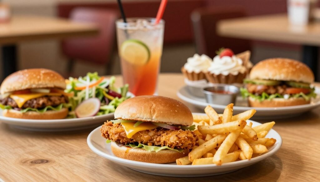 A vibrant, inviting table setting showcasing a variety of budget-friendly meal combinations inspired by a fast-food value menu. In the foreground, a colorful display includes a crispy chicken sandwich, fresh garden salad, and seasoned fries, all beautifully arranged on an elegant plate. In the middle, a wooden table features additional items like a refreshing drink and desserts, emphasizing affordability and variety. The background is blurred out, hinting at a fast-food restaurant environment, with soft, warm lighting to create a welcoming atmosphere. A slight overhead angle allows for a full view of the meal options, while enhancing the appetizing aspect of the food. The overall mood is cheerful and appealing, celebrating tasty and cost-effective dining choices.