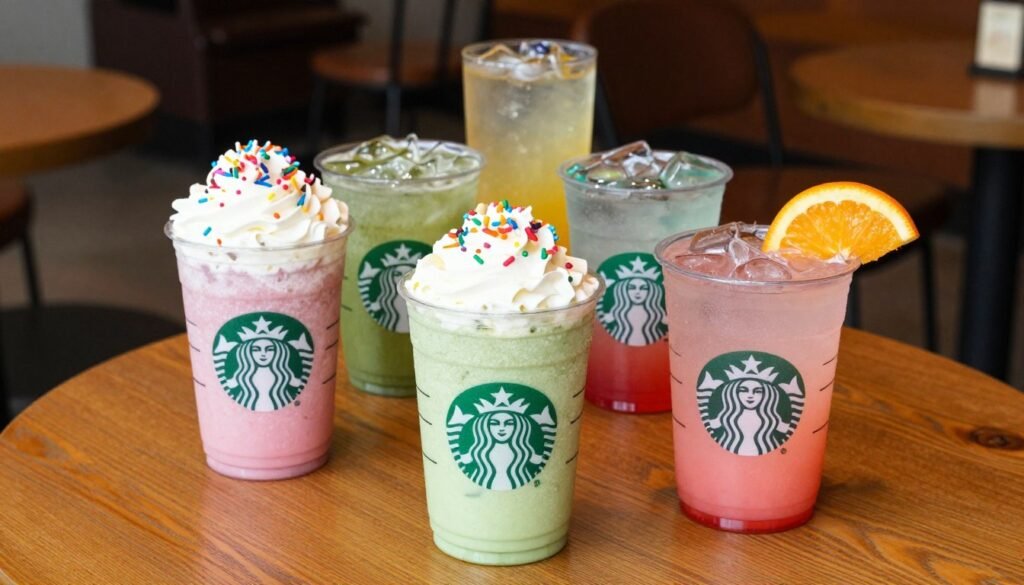 A vibrant scene featuring an array of Starbucks secret menu cold drinks on a rustic wooden table. In the foreground, showcase a tall, colorful Frappuccino topped with whipped cream and festive sprinkles, next to a refreshing iced pink drink garnished with a slice of citrus. In the middle, include a variety of other cold beverages, like a green tea lemonade and a colorful layered iced drink, with ice cubes glistening under the light. The background should show a cozy coffee shop environment, with warm lighting creating an inviting atmosphere. Capture the scene from a slightly elevated angle to emphasize the drinks, with soft focus on the background to keep the viewer's attention on the beverages. The overall mood should feel refreshing and enticing, inviting readers to explore hidden drink favorites.