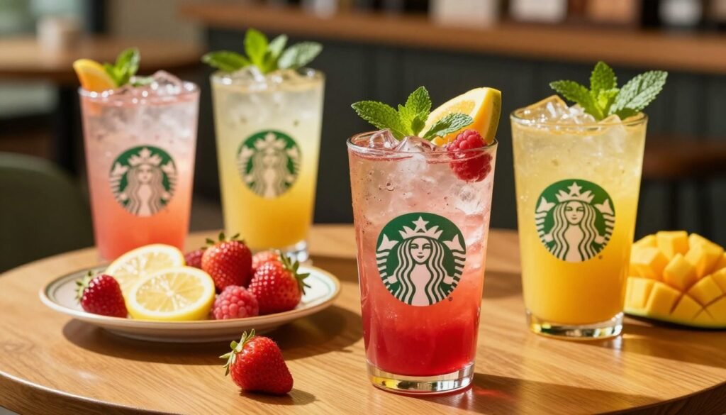 A vibrant table setting featuring a variety of Starbucks Refreshers, displaying their colorful and refreshing hues. In the foreground, focus on two tall, clear glasses filled with icy, fruit-infused beverages—one raspberry and one mango, garnished with fresh mint leaves and slices of fruit. In the middle, include a decorative plate with assorted fruit, such as strawberries and lemon slices, enhancing the refreshing theme. The background should softly blur to suggest a cozy coffee shop ambiance, with warm lighting that creates a welcoming atmosphere. A hint of natural sunlight filters in, casting gentle shadows. The scene should evoke a sense of relaxation and enjoyment, perfect for those exploring non-caffeinated options.