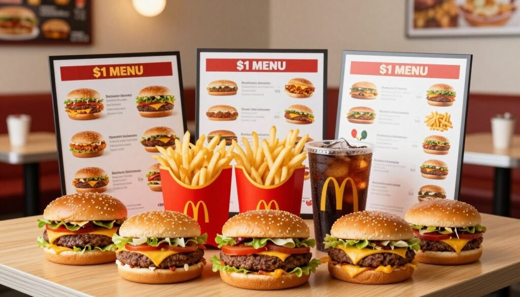 A visually appealing comparison of affordable fast food options, focusing on McDonald's $1 Menu alongside other competitor menus. In the foreground, showcase a vibrant display of various fast food items, including burgers, fries, and beverages, arranged artistically on a wooden table. The middle ground features menus from different fast food restaurants, each highlighted with colorful icons representing their offerings. The background should be a cozy, well-lit diner setting, with subtle soft focus, enhancing the inviting atmosphere. Use warm, bright lighting to create an approachable mood, with a slightly angled perspective to draw the viewer’s eye to the food display. Ensure the composition is balanced and engaging, emphasizing value and variety without any text or distractions.