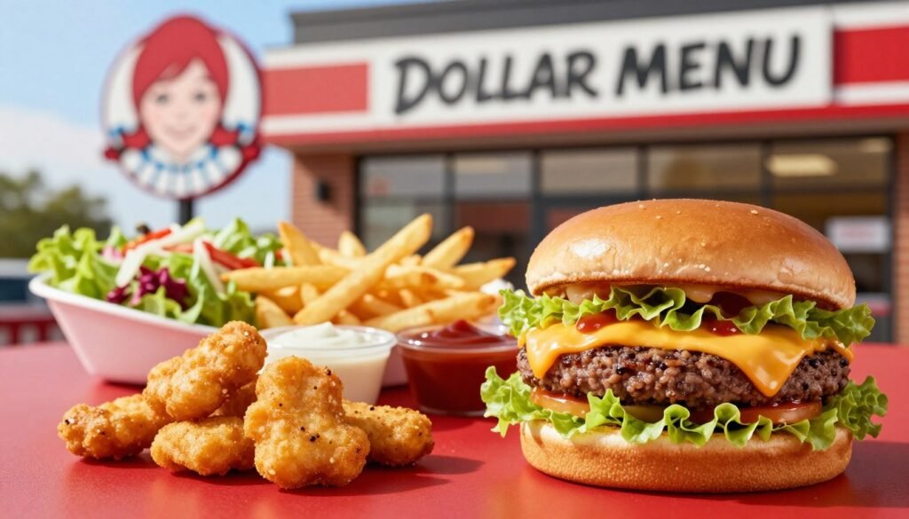 A visually appealing depiction of Wendy's limited-time offers on their Dollar Menu, featuring a mouth-watering array of seasonal items such as a gourmet cheeseburger, spicy chicken nuggets, and fresh salads artfully arranged on a vibrant red table. In the foreground, a close-up of a delicious cheeseburger with melted cheese, crisp lettuce, and a hint of barbecue sauce glistening in soft, warm lighting. The middle ground showcases a colorful side of fries and dipping sauces, promoting a casual, cheerful dining atmosphere. In the background, a subtly blurred Wendy's restaurant sign and the iconic red and white branding create a recognizable yet unobtrusive backdrop. The overall mood is inviting and appetizing, ideal for showcasing delicious, budget-friendly meals.