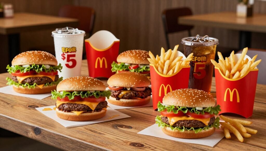 A visually appealing display of McDonald's 2 for $5 Menu Specials, featuring an array of popular items such as burgers, fries, and beverages, laid out on a rustic wooden table. In the foreground, focus on two featured menu items presented attractively with vibrant colors—one burger with fresh lettuce, tomato, and cheese, and a side of golden fries. In the middle, arrange several other menu items in a casual dining setting, garnished with fresh ingredients. The background showcases a warm, inviting restaurant ambiance with soft, ambient lighting that accentuates the food. Capture the mood of a friendly, casual dining experience, using a slight overhead angle to draw attention to the food details while ensuring a clean, professional aesthetic devoid of any text or branding. A visually appealing display of McDonald's 2 for $5 Menu Specials, featuring an array of popular items such as burgers, fries, and beverages, laid out on a rustic wooden table. In the foreground, focus on two featured menu items presented attractively with vibrant colors—one burger with fresh lettuce, tomato, and cheese, and a side of golden fries. In the middle, arrange several other menu items in a casual dining setting, garnished with fresh ingredients. The background showcases a warm, inviting restaurant ambiance with soft, ambient lighting that accentuates the food. Capture the mood of a friendly, casual dining experience, using a slight overhead angle to draw attention to the food details while ensuring a clean, professional aesthetic devoid of any text or branding.