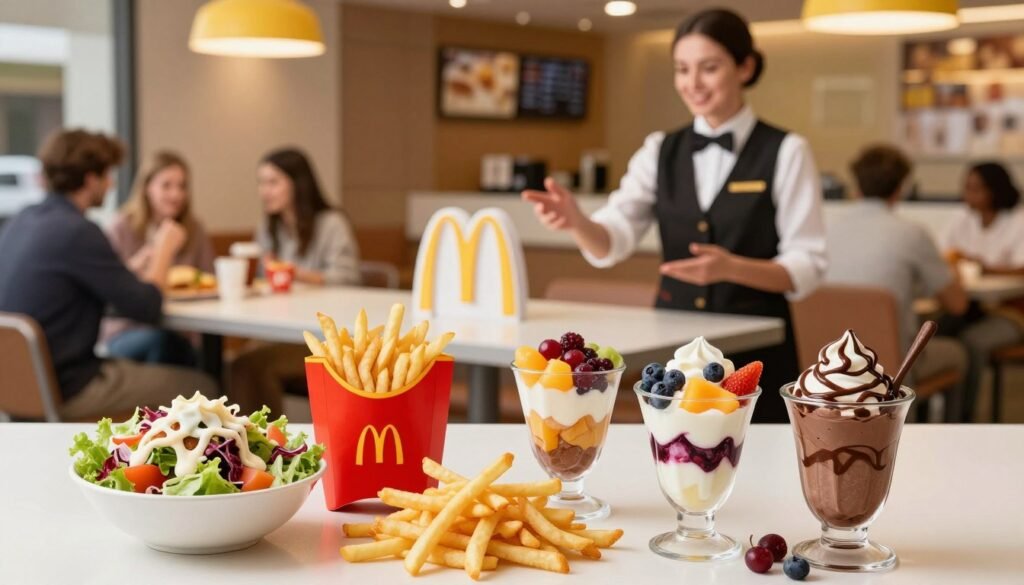 A visually appealing display of McDonald's allergen menu items, prominently featuring sides, salads, and desserts in an inviting restaurant setting. In the foreground, neatly arranged items like a colorful garden salad with a vinaigrette dressing, crispy French fries, a fruit parfait with layers of yogurt and berries, and a decadent chocolate sundae. The middle ground includes a bright table with a McDonald's logo and a friendly server in a professional uniform, smiling as they explain the allergen options. The background shows a cozy dining area with soft golden lighting and customers enjoying their meals. The mood is warm and informative, emphasizing safe meal choices for those with dietary restrictions. Use a soft focus to create a welcoming atmosphere with clear details on the food items.