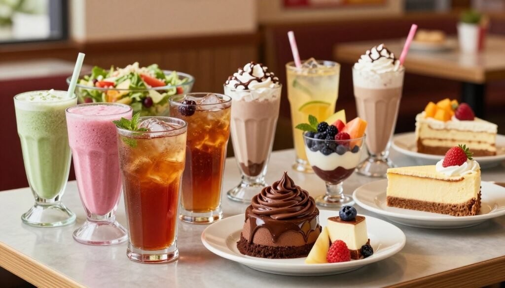 A visually appealing display of Wendy's nutrition menu, emphasizing beverages and desserts. In the foreground, showcase a vibrant selection of colorful drinks, including freshly blended smoothies, iced teas, and decadent milkshakes, elegantly arranged in stylish glassware. Adjacent, highlight a variety of desserts such as rich chocolate frosty, fruit parfaits, and dulce de leche cheesecakes, all artfully presented on a clean white plate. In the middle ground, incorporate nutritious options like salads and fruit cups subtly, conveying the theme of smart choices. The background should have a warm, inviting atmosphere with soft, natural lighting suggesting a cozy fast-food environment. Use a slight angle to capture depth, while maintaining clarity to draw attention to the menu items. The mood should be uplifting and health-conscious, ideal for promoting balanced eating on the go.
