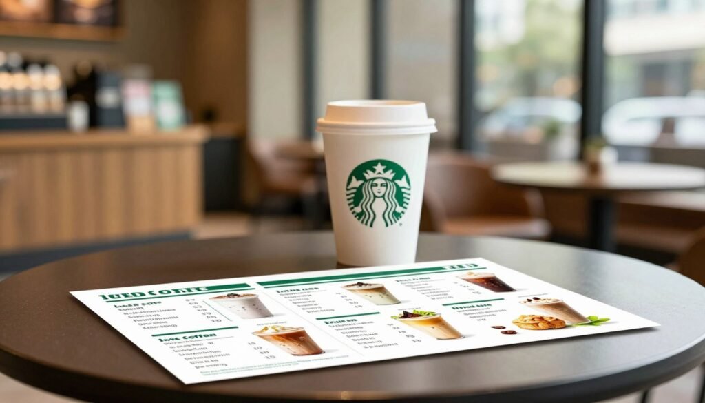A visually appealing layout of Starbucks nutrition information, displayed on a sleek, modern table. In the foreground, a clean, organized sheet of nutrition facts featuring various drink options like lattes, iced coffees, and pastries, each item accompanied by vibrant images, highlighting their ingredients and calorie counts. In the middle, a subtle, blurred Starbucks coffee cup filled with delicious coffee, reinforcing the theme of nutritional value alongside enjoyable beverages. The background showcases a softly lit coffee shop interior with warm, inviting colors, creating a cozy atmosphere. Soft, natural light filters through large windows, enhancing the inviting ambiance. Ensure the scene conveys a sense of wellness and enjoyment, emphasizing the balance of taste and nutrition without any text or overlays.