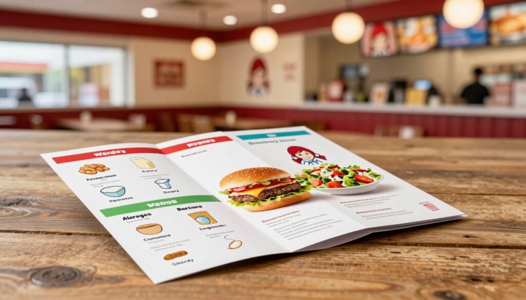 A visually appealing representation of Wendy's allergen menu guide designed as an open brochure on a rustic wooden table. In the foreground, the brochure is tri-folded, displaying colorful sections with icons indicating various allergens such as peanuts, dairy, and gluten. The center of the image features a delicious-looking burger and a fresh salad, emphasizing safe food choices. In the background, a bright, inviting Wendy's restaurant interior can be seen with cheerful, warm lighting creating a friendly atmosphere. The scene is shot from a slightly elevated angle, giving a clear view of the brochure and food while ensuring the setting feels welcoming and accessible to customers with food allergies. The overall mood is informative yet comforting, promoting safe dining experiences.