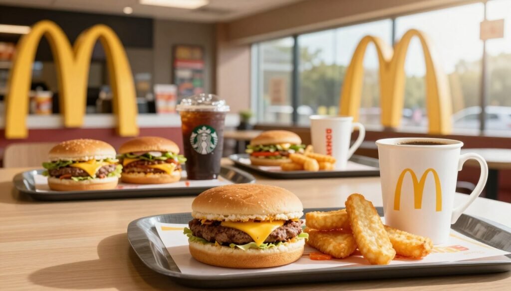 A visually engaging comparison of McDonald's breakfast offerings, foreground features a classic McDonald's breakfast platter with a fluffy Egg McMuffin, crispy hash browns, and a warm cup of coffee. In the middle layer, display breakfast items from popular competitors like Starbucks and Dunkin’, showcasing their unique dishes. The background includes a soft-focus McDonald's restaurant setting, with iconic yellow arches and cheerful morning lighting streaming through the windows. Capture a cozy, inviting atmosphere that evokes the excitement of breakfast time. Use a wide-angle lens to convey an open and spacious feel, with natural light emphasizing the vibrant colors of the food. Aim for a fresh and appetizing mood, appealing to early morning diners and emphasizing a warm, friendly environment.