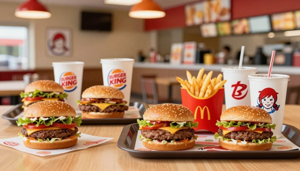 A visually engaging image featuring a comparison of value menus from various fast-food restaurants, emphasizing Wendy's offerings prominently in the foreground. Display a vibrant assortment of delicious value menu items—such as burgers, fries, and drinks—arranged artistically on a wooden table. In the middle ground, include subtle brand logos of competing restaurants like McDonald's, Burger King, and Taco Bell, showcasing their value items on slightly blurred trays. The background should feature a bright, inviting fast-food restaurant interior with cheerful lighting and soft focus to create a welcoming atmosphere. Use a warm color palette to evoke a sense of comfort and satisfaction while maintaining a professional look. The overall mood should be friendly and engaging, encouraging the viewer to consider the value and enjoy a meal.