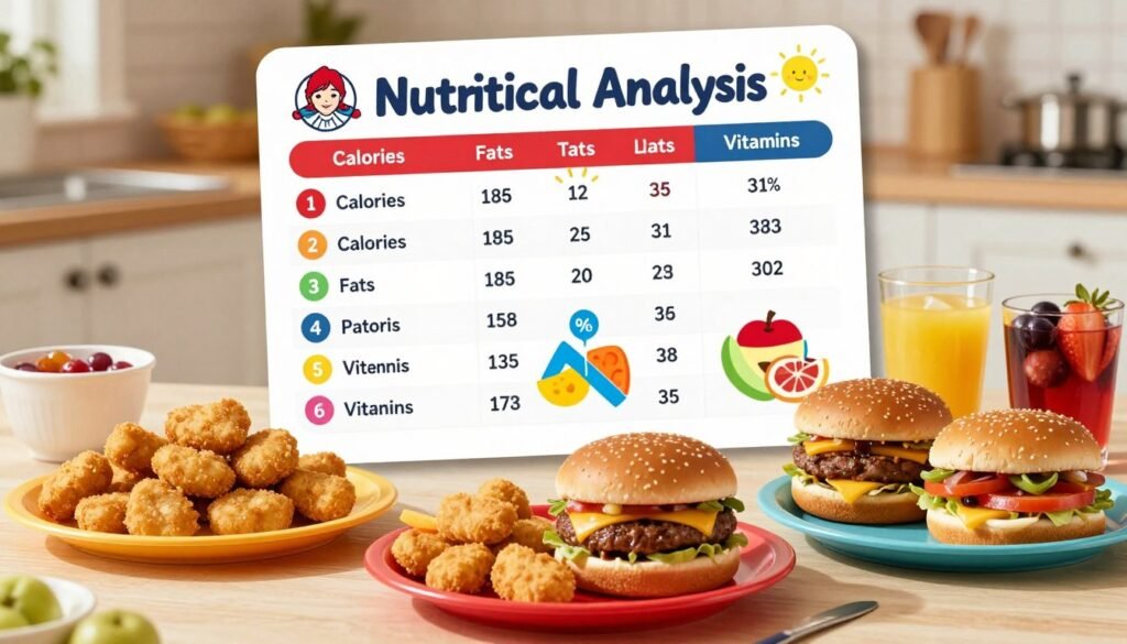 A visually engaging scene depicting a nutritional analysis of kids' meals from Wendy's. In the foreground, showcase colorful, appealing plates of children's meals, including nuggets, mini hamburgers, and fruit cups, each styled attractively. In the middle, present an organized chart with nutritional information, featuring bright icons and diagrams representing calories, fats, and vitamins, all presented in a fun and child-friendly design. The background should have a soft kitchen setting with warm, inviting lighting, emphasizing the wholesome nature of the meals. Use a slight overhead angle to capture the details of the meals and chart, creating an informative yet cheerful atmosphere that conveys health and enjoyment suitable for kids.