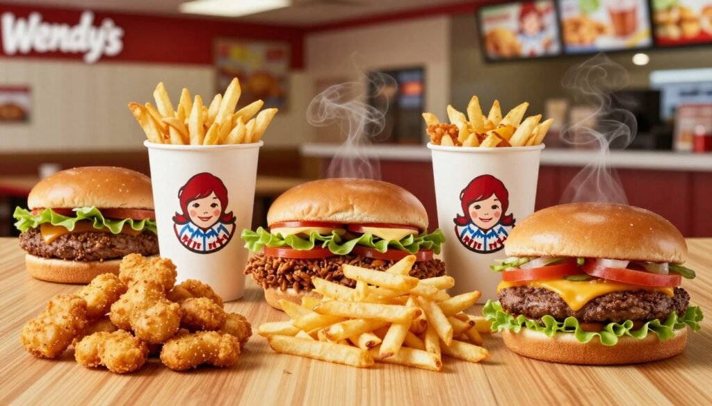 A visually striking comparison image showcasing Wendy's Dollar Menu alongside other fast food value menus. In the foreground, display appetizing dishes from Wendy's, featuring crispy chicken nuggets, cheesy fries, and a delicious burger, all arranged appealingly on a bright wooden table. In the middle ground, present similar offerings from other fast food chains, emphasizing contrasting colors and textures, to illustrate the variety. The background should feature a subtle blurred fast-food restaurant interior, with warm lighting creating an inviting, cheerful atmosphere. Use a shallow depth of field to focus on the food, capturing delectable details and steam rising from the freshly cooked items. The overall mood should be informative and appetizing, inviting viewers to explore the value menus further.