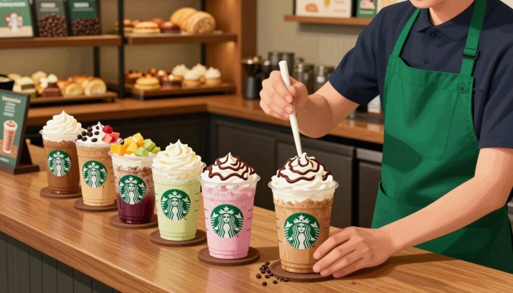 A vividly illustrated scene featuring a Starbucks Frappuccino customization experience. In the foreground, a barista in a green apron is skillfully blending a frappuccino with various colorful syrups and toppings displayed on the counter, including whipped cream, chocolate drizzle, and fresh fruit. The middle ground showcases a selection of frappuccino sizes, ranging from tall to venti, presented in clear cups with distinctive logos. In the background, a warm, inviting Starbucks café atmosphere is depicted with wooden shelves filled with pastries and coffee beans, complemented by soft, ambient lighting. The angle is slightly above eye level, capturing both the artistry of the drink preparation and the cozy café vibe, evoking a sense of creativity and indulgence in customization.
