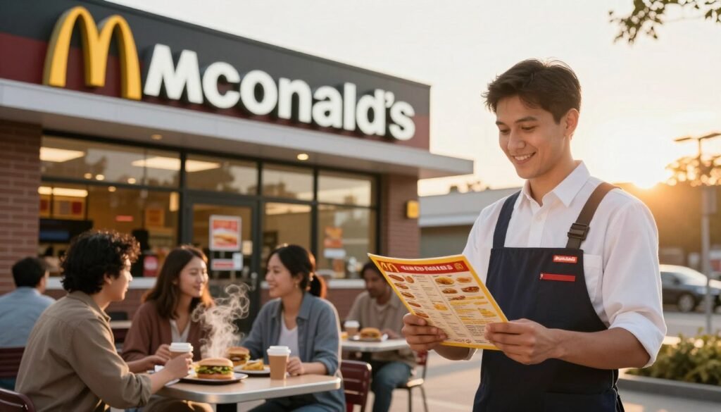 A warm and inviting McDonald's restaurant exterior during early morning hours, showcasing a well-lit facade with the iconic golden arches and bright signage. The foreground features a friendly employee in a professional uniform, holding a breakfast menu, smiling as if assisting a customer. In the middle ground, patrons of diverse backgrounds, dressed in modest casual clothing, are enjoying breakfast at outdoor tables with steaming coffee and breakfast sandwiches. The background captures a soft sunrise, casting a golden hue over the scene, enhancing the welcoming atmosphere. The lens focuses to create a slightly shallow depth of field, emphasizing the employee and the breakfast menu, while surrounding elements gently blur. The mood is cheerful and inviting, perfect for a morning gathering.