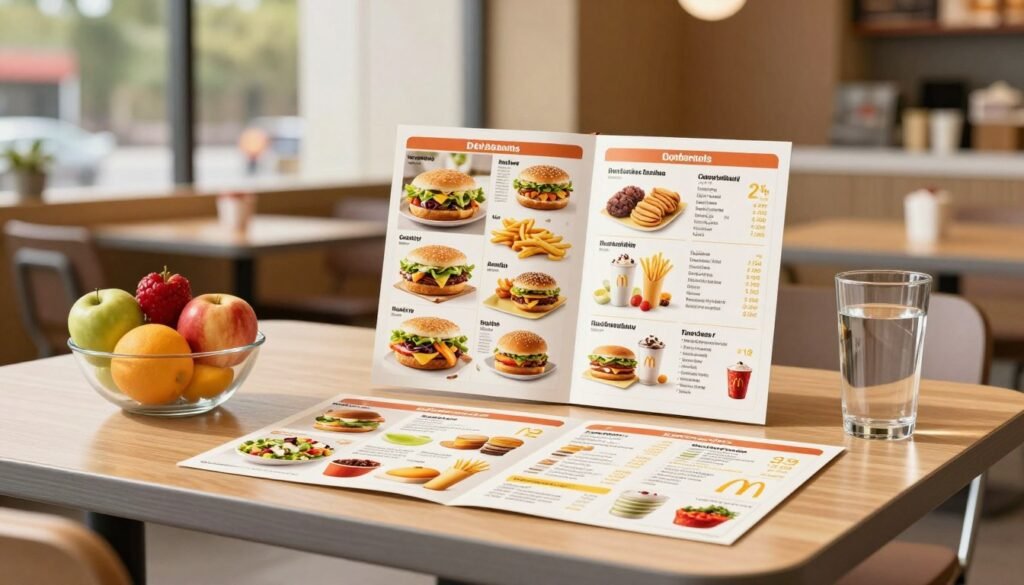 A well-organized McDonald's nutrition menu guide displayed prominently on a sleek wooden table. In the foreground, a colorful array of healthy menu items, including salads, fruits, and low-calorie options, is artistically arranged next to a bowl of fresh fruit and a glass of water. In the middle ground, the nutrition menu guide is open, showcasing vibrant photos of the meals and clear nutritional information. The background features a warm and inviting McDonald’s restaurant interior, softly illuminated by natural light filtering through large windows. The atmosphere conveys a sense of health-conscious dining with a casual yet professional vibe, emphasizing the goal of making nutritious choices. The angle is slightly elevated to capture the full tableau, focusing on clarity and attention to detail.